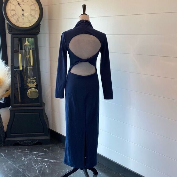 Zara New Midnight Blue Long Sleeves High Collard Open Twisted Back Dress Size S - Picture 5 of 8